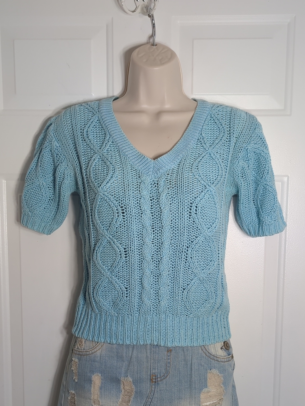 Vintage 80s Parrinello Sky Blue Cable Knit Cropped Short Sleeve Sweater Small